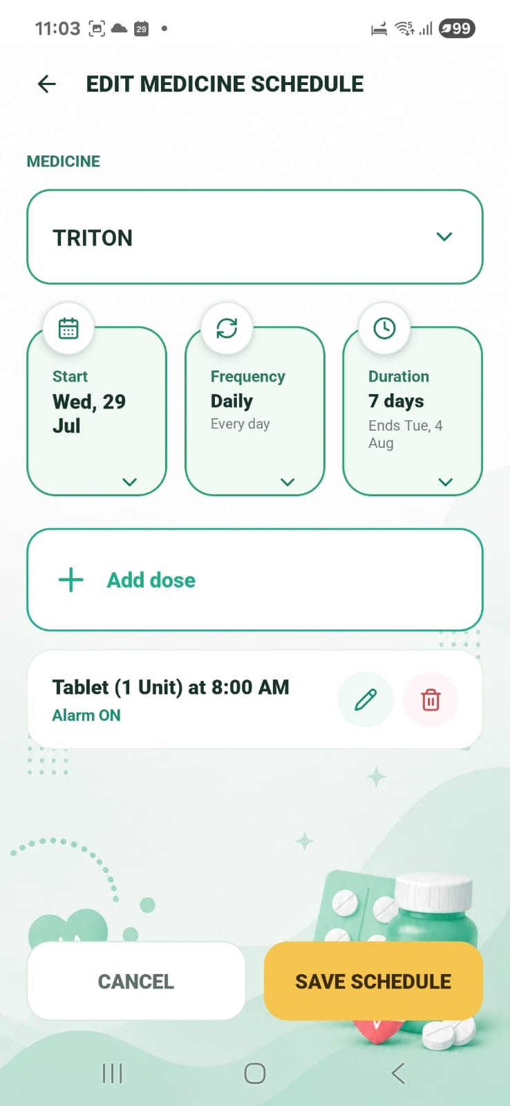 Real HealthBook medicine schedule editing screen